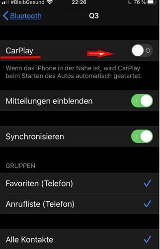 CarPlay deaktiviert