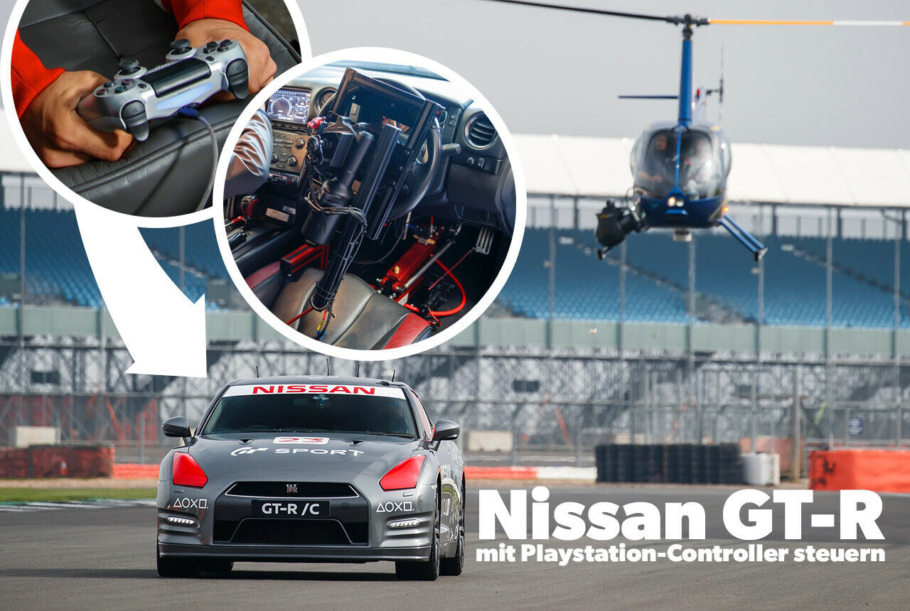 Dieser Nissan GT-R wird per Playstation-Controller über die Rennstrecke von Silverstone gelenkt. Im Helikopter sitzt der Fahrer, im Sportwagen aufwändige Steuerungstechnik