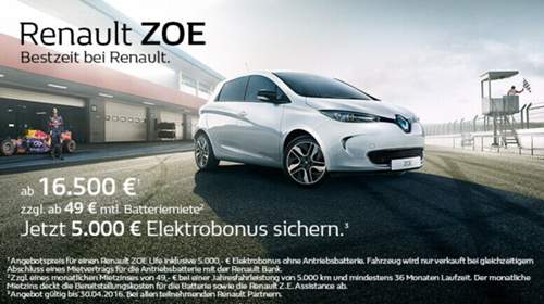 Renault hat sich entschieden, aus eigenen Mitteln eine Kaufprämie auf Elektroautos anzubieten: Auf den Zoe gibt es 5.000 Euro Rabatt