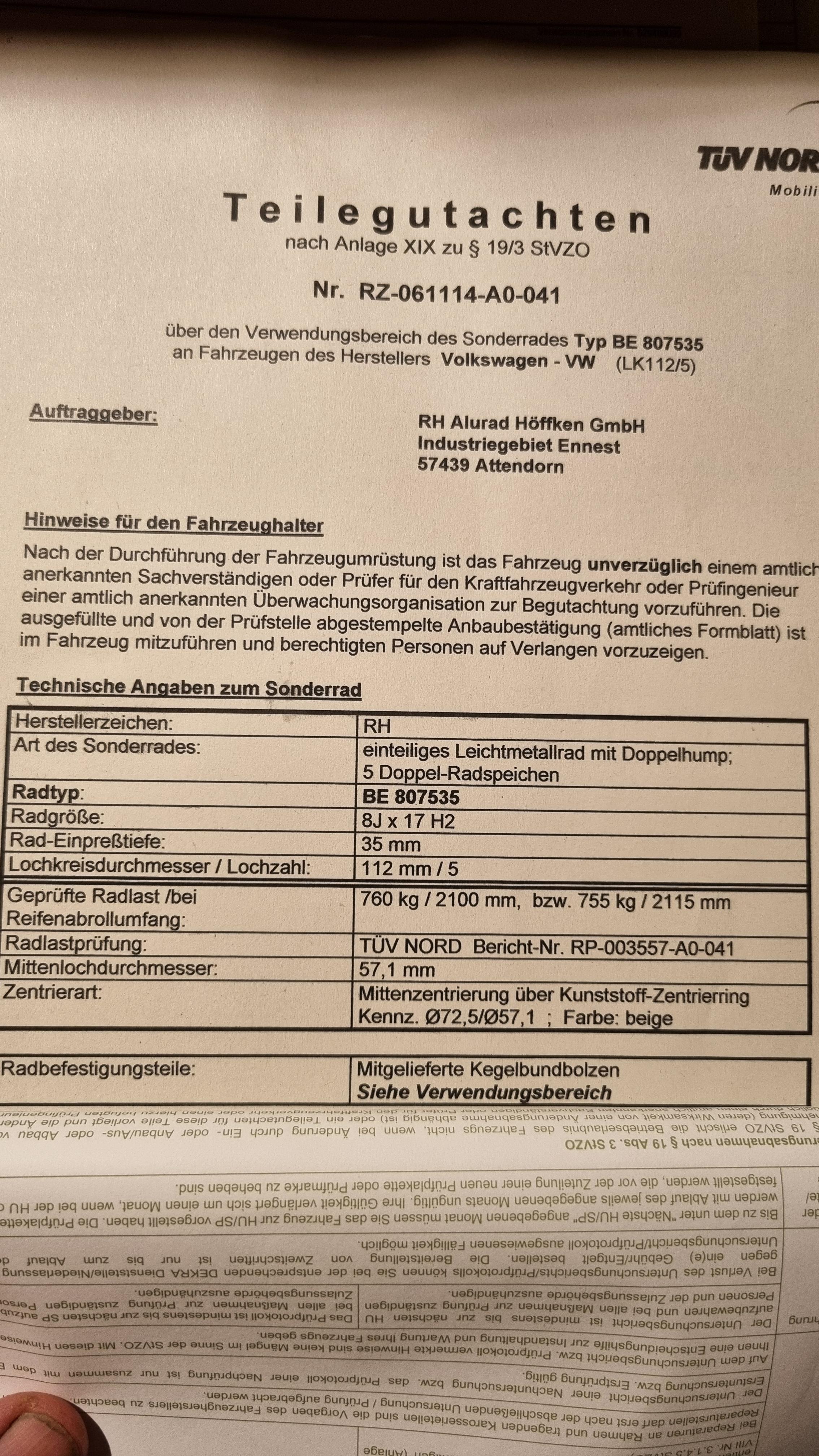 Tausch Aluräder und Erklärung ABE Einzelabnahme