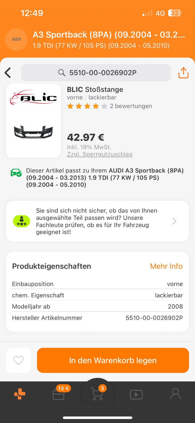 Teilenummer Frontstoßfänger VFL gesucht