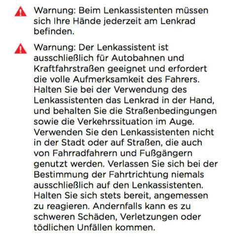 Tesla BDA Hinweise Lenkassistent