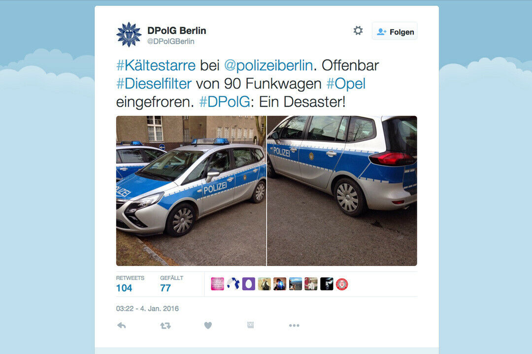 Der Berliner Polizei bleiben die Opel Zafira vermutlich wegen gefrorener Dieselfilter stehen