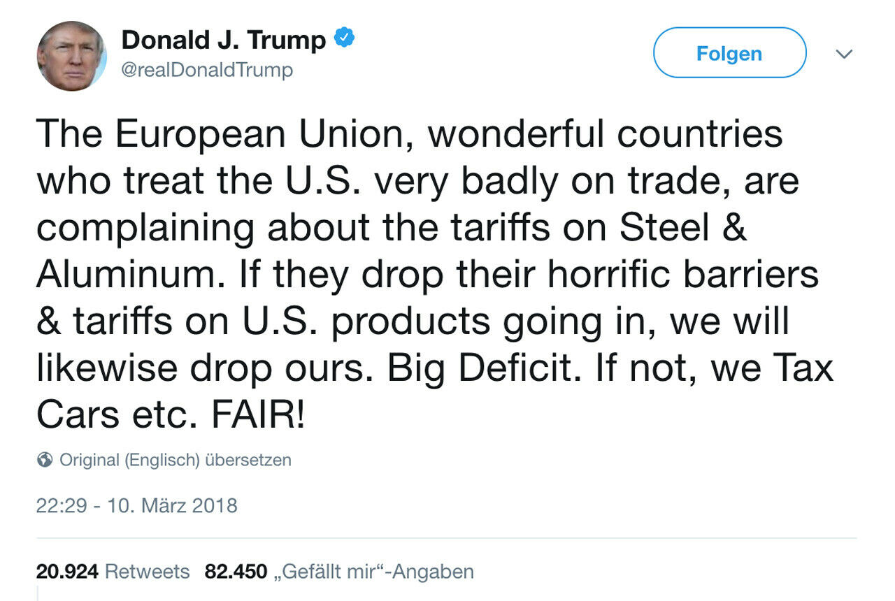 Donald Trumps Tweet, in dem der US-Präsident wieder mit Strafzöllen auf europäische Autos droht