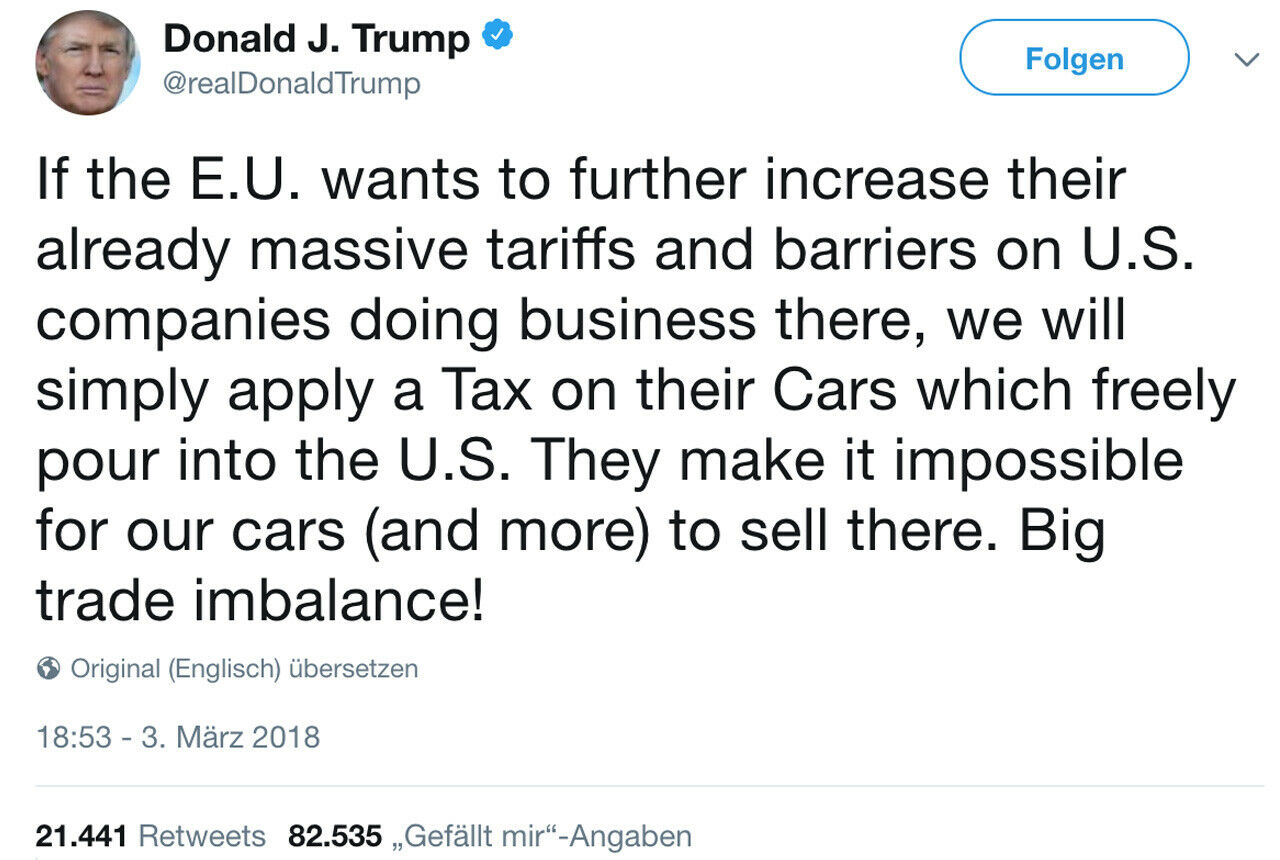 Der US-Präsident droht im Stahlstreit über den Kurznachrichtendienst Twitter mit Strafzöllen auf Autos, die Europa in die USA einführt