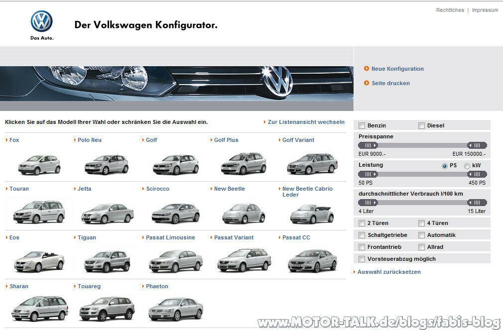 Überblick : VW Konfiguratoren