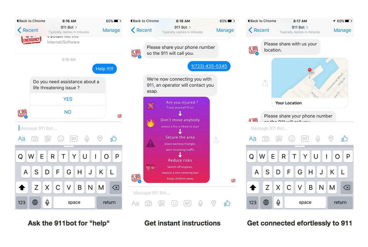Über die App lassen sich Standort und andere Details zum Unfall übermitteln. Der Bot kann dann mit entsprechenden Hilfetipps antworten