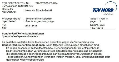Federn Gutachten Ausschnitt Reifenkombin