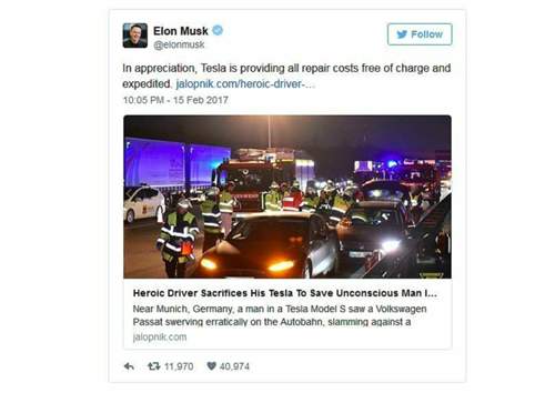 Tesla-Chef Elon Musk kündigte via Twitter an: Tesla werde die Reparatur des Model S bezahlen