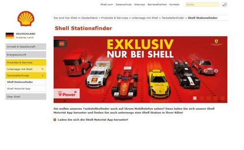 Außer diesem Teaser finden sich auf der deutschen Shell-Homepage keine Hinweise mehr auf die Kooperation mit Lego