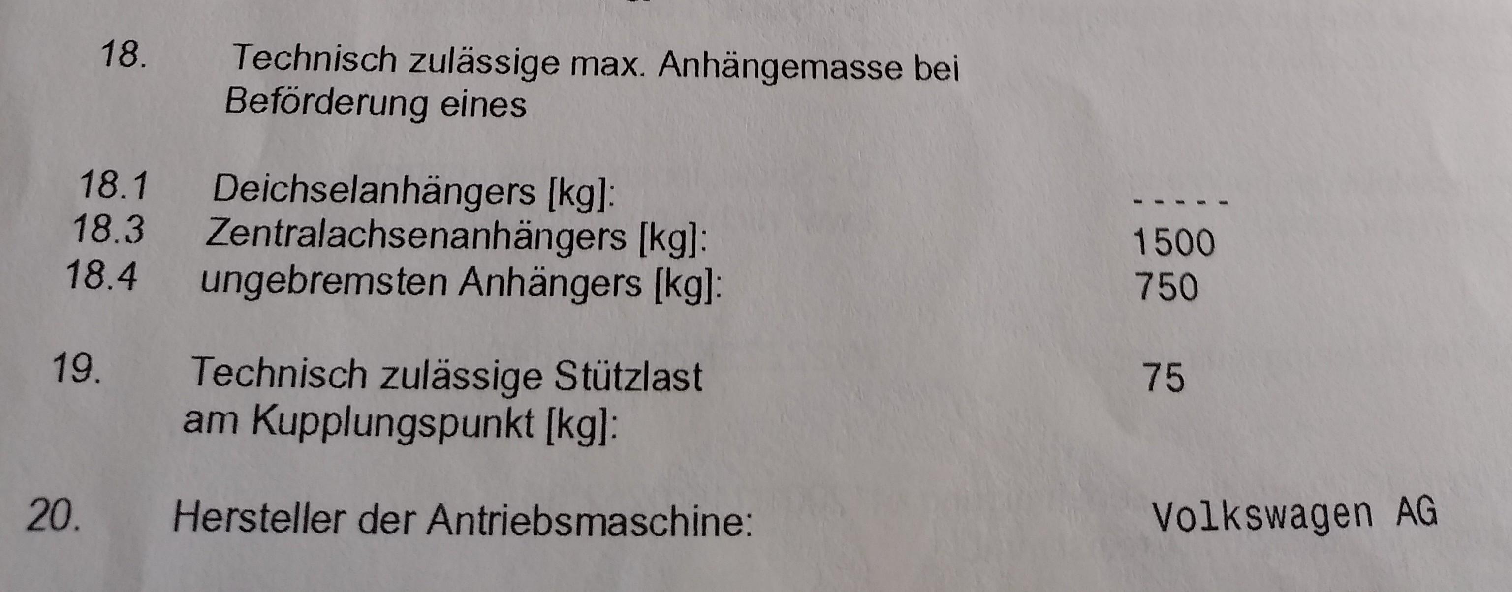 Caddy 1.9 TDI 105 PS keine Anhängelast im Feld O.1. und O.2. eingetragen