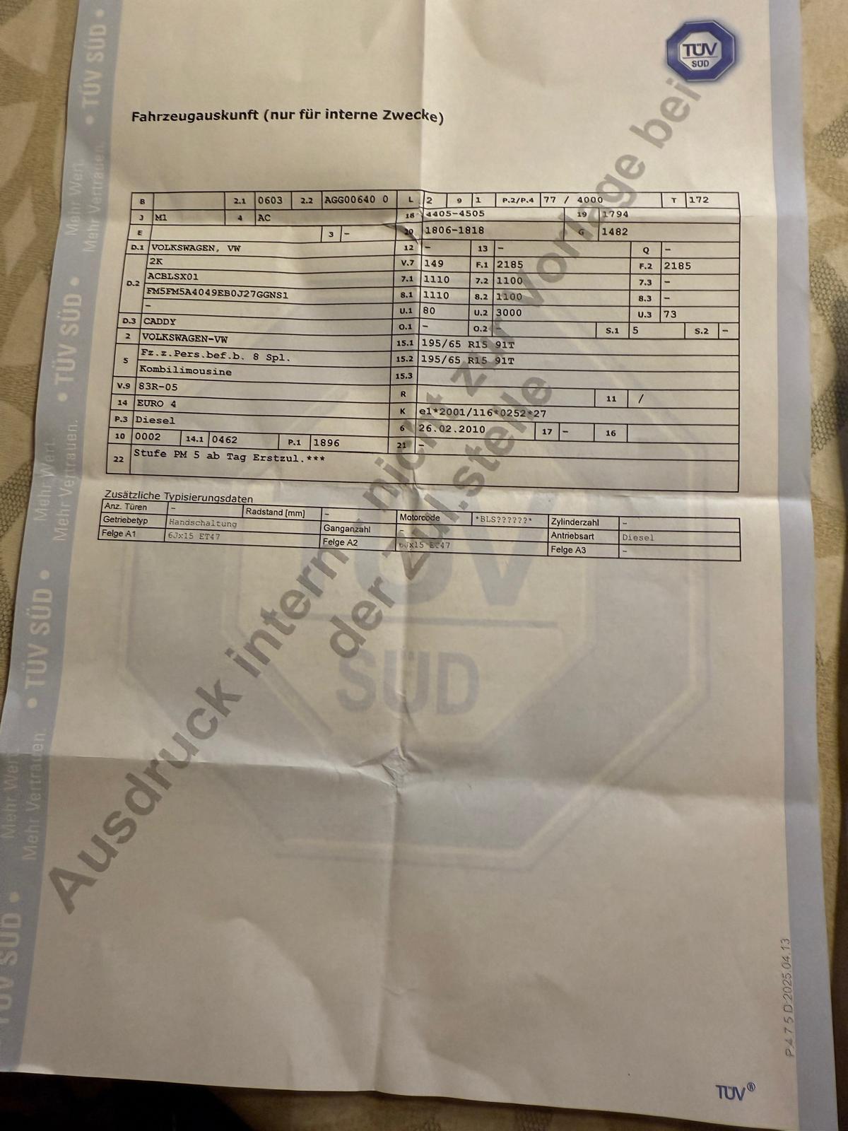 Caddy 1.9 TDI 105 PS keine Anhängelast im Feld O.1. und O.2. eingetragen
