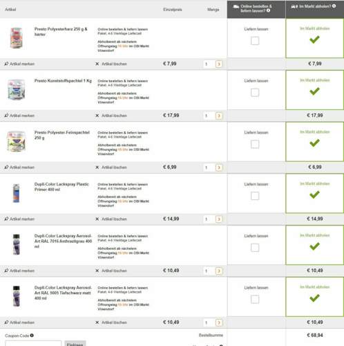 Materialien mögliche Einkaufsliste