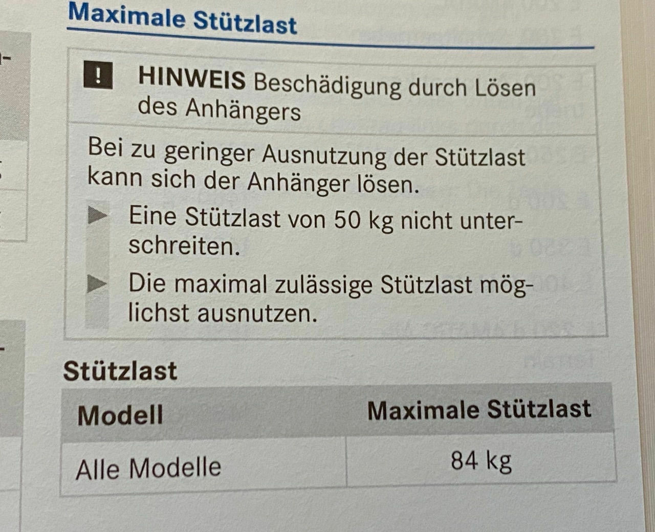 W213 nur 84Kg Stützlast T-Modell