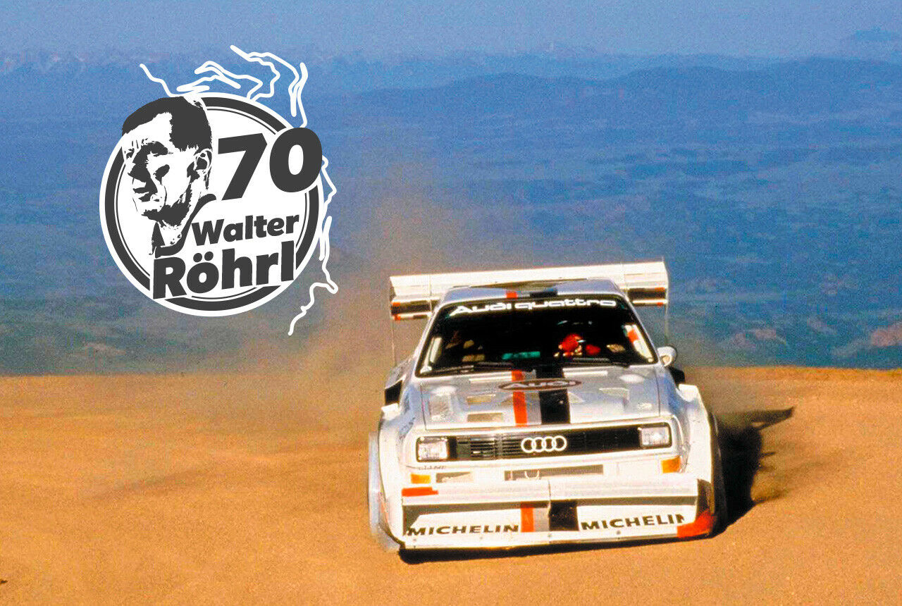 1987 gewinnt Walter Röhrl mit dem Audi Sport quattro S1 (E2) Pikes Peak und stellt einen neuen Rekord auf