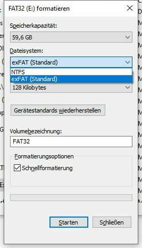 Windows 10 Dateiformat bei 64GB