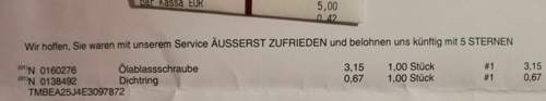 Teile Nummer vom letzten Ölwechsel