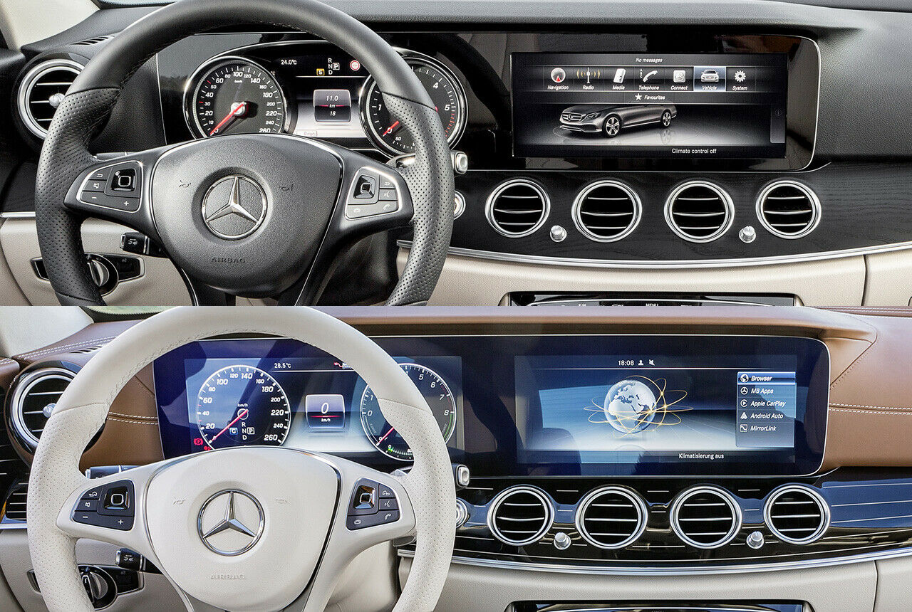 Mercedes E-Klasse, jeweils mit Command. Oben analog, unten digital