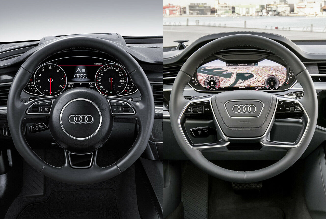 Links der aktuelle Audi A6, rechts der neue A8: Neue Audi-Modelle bekommen digitale Instrumente
