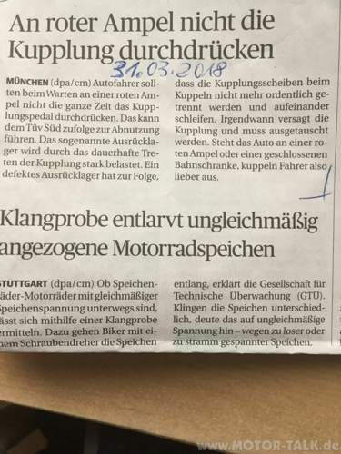 Zeitungsartikel "Kupplung + rote Ampel"