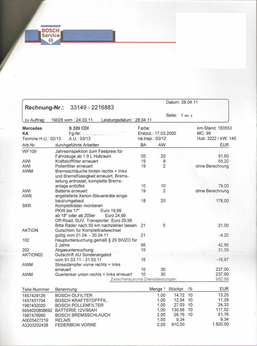 Was steckt ihr so in den W220/C215 - Unsere Rechnung