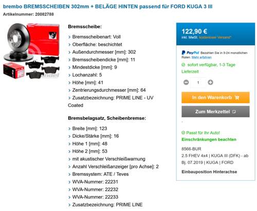 Angebot Bremsscheiben hinten für Kuga MK