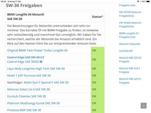 BMW Freigaben für Motoröl