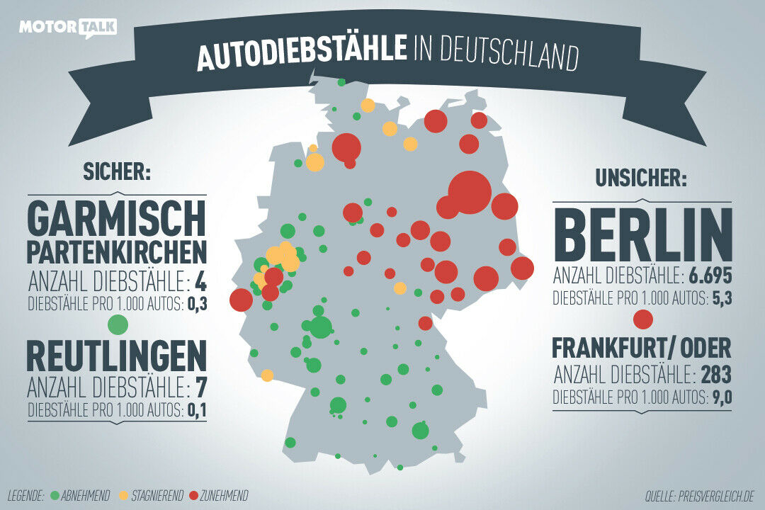 Unsere Infografik zeigt Euch, in welchen Städten und Regionen Ihr am meisten um Euer Auto fürchten müsst