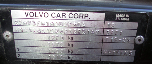 Typenschild Volvo 850
