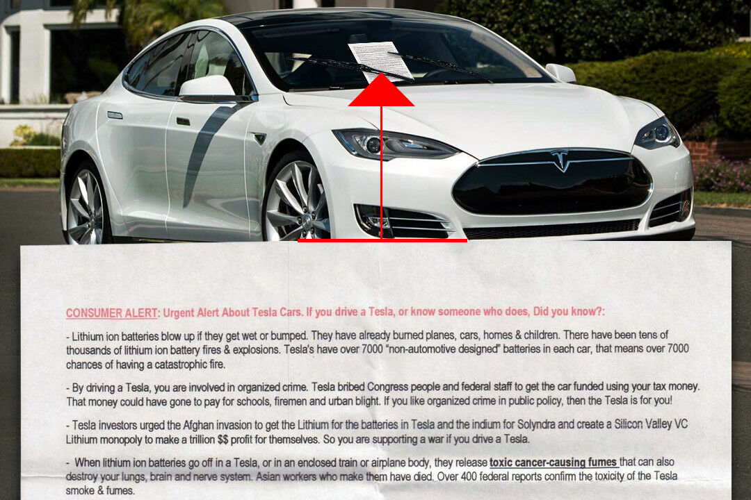 Ein Flugblatt am Scheibenwischer: Tesla-Fahrer mögen ihre Autos zurückgeben
