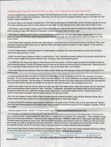 Dieses Flugblatt macht in San Francisco die Runde. Ein unbekannter Autor wettert gegen den Elektroautohersteller Tesla