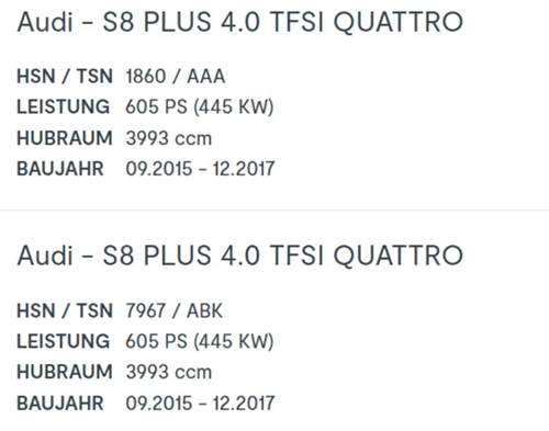 Audi S8 plus HSN/TSN