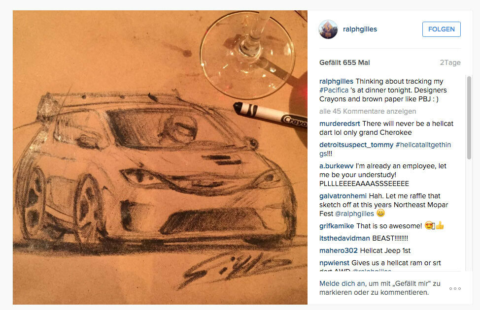 Ralph Gilles, Designchef bei Fiat-Chrysler teilte dieses Bild von einem sportlichen Pacifica auf Instagram