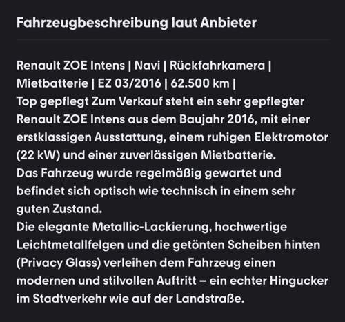 ZOE Bj. 2016, 62.600 km, Beschreibung