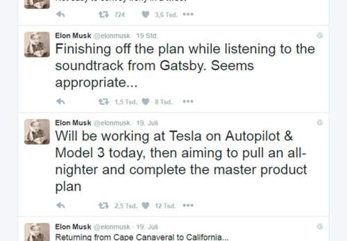 Elon Musk kündigt über Twitter seinen "Alnighter" mit Gatsby-Musik an