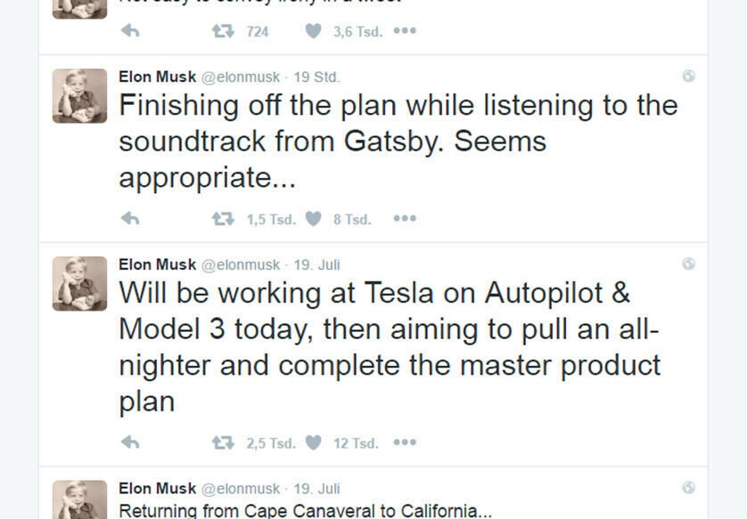 Elon Musk kündigt über Twitter seinen "Alnighter" mit Gatsby-Musik an